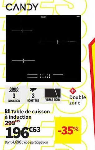 CANDY Table de cuisson à induction 3 foyers, verre noir Double zone