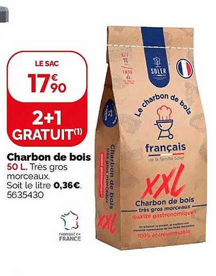 Charbon de bois 50 L. Très gros morceaux. Soit le litre 0,36€.