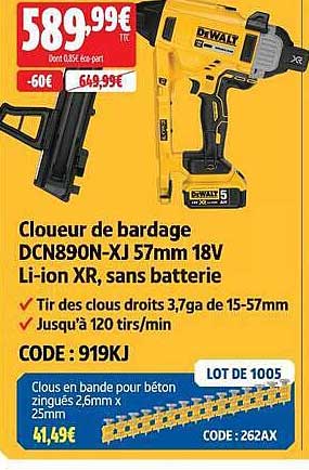 Cloueur de bardage DCN890N-XJ 57mm 18V Li-ion XR, sans batterie