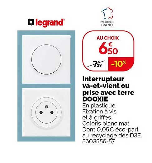 Interrupteur va-et-vient ou prise avec terre DOOXIE