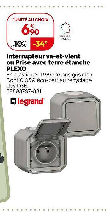 Interrupteur va-et-vient ou Prise avec terre étanche PLEXO