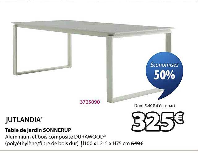 JUTLANDIA Table de jardin SONNERUP Aluminium et bois composite DURAWOOD® (polyéthylène/fibre de bois dur) 1100 x L215 x H75 cm