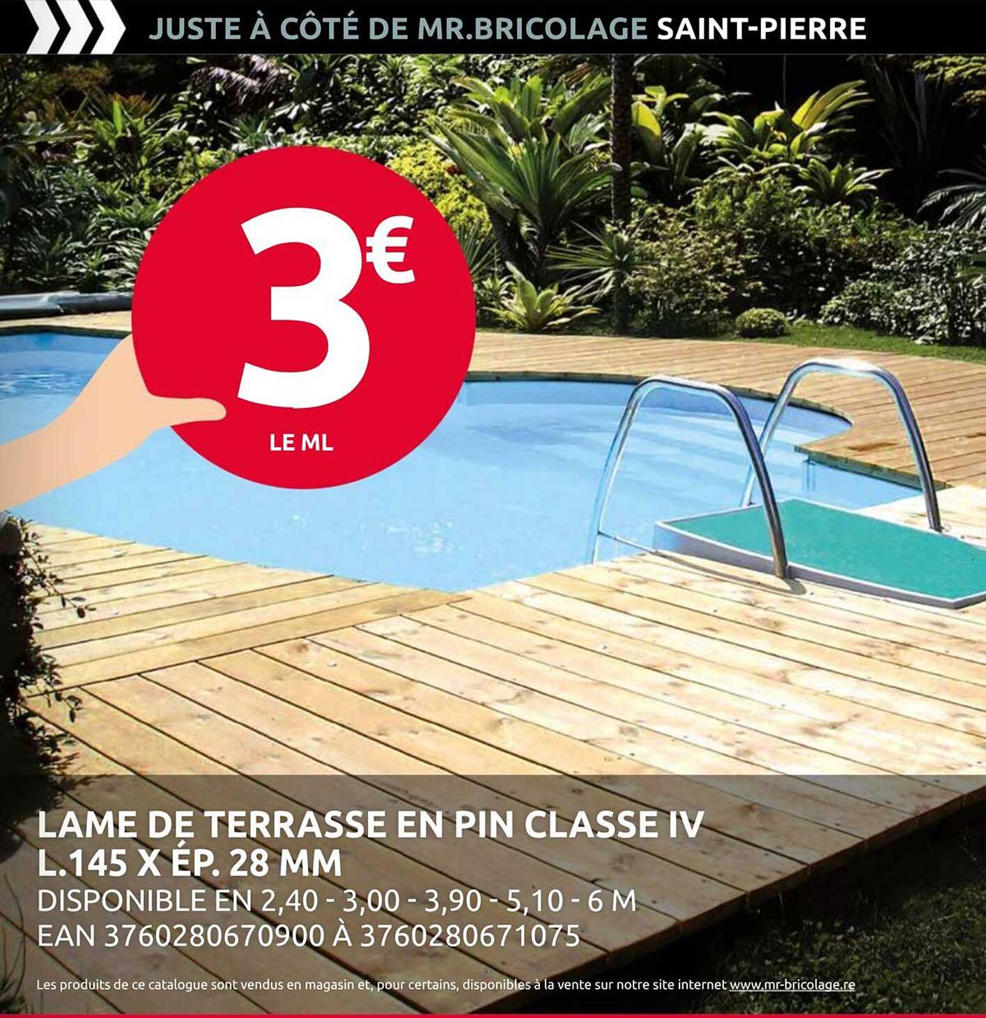 LAME DE TERRASSE EN PIN CLASSE IV L.145 X ÉP. 28 MM