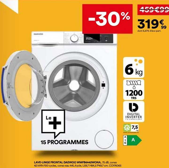 LAVE-LINGE FRONTAL DAEWOO WMFB6442WONA, 75 dB, conso 42 kWh/100 cycles, conso eau 44L/cycle, L59,7 H84,5 P49,7 cm. C0117065
