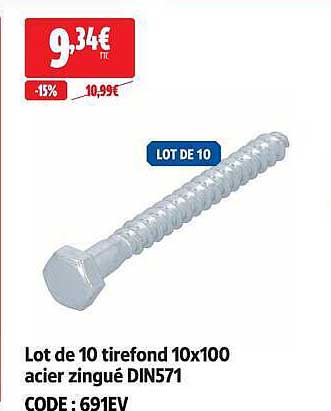 Lot de 10 tirefond 10x100 acier zingué DIN571