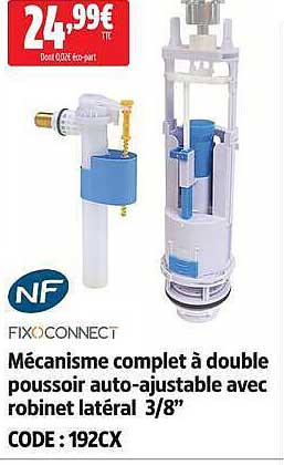Mécanisme complet à double poussoir auto-ajustable avec robinet latéral 3/8"