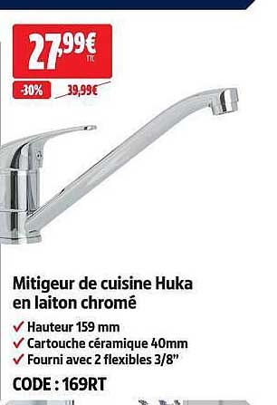 Mitigeur de cuisine Huka en laiton chromé