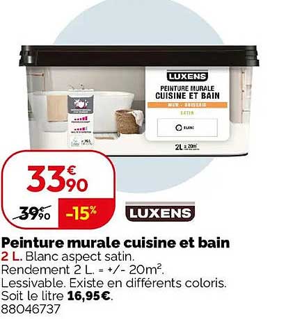 Peinture murale cuisine et bain 2 L. Blanc aspect satin. Rendement 2 L. = +/- 20m². Lessivable. Existe en différents coloris.