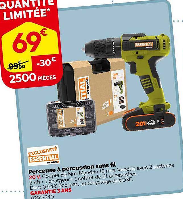 Perceuse à percussion sans fil 20 V. Couple 50 Nm. Mandrin 13 mm. Vendue avec 2 batteries 2 Ah + 1 chargeur + 1 coffret de 51 accessoires.