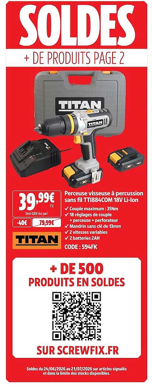 Perceuse visseuse à percussion sans fil TIT884COM 18V Li-ion
