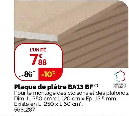 Plaque de plâtre BA13 BF (*)