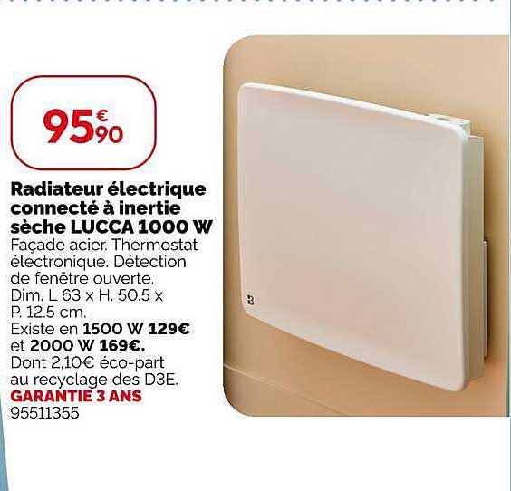 Radiateur électrique connecté à inertie sèche LUCCA 1000 W