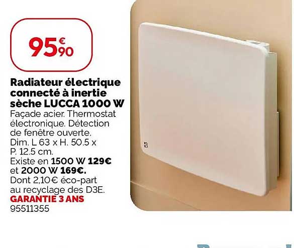 Radiateur électrique connecté à inertie sèche LUCCA 1000 W