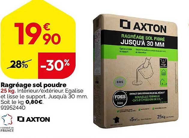 Ragréage sol poudre 25 kg. Intérieur/extérieur. Egalise et lisse le support. Jusqu'à 30 mm.