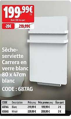 Sèche-serviette Carrera en verre blanc 80 x 47cm blanc
