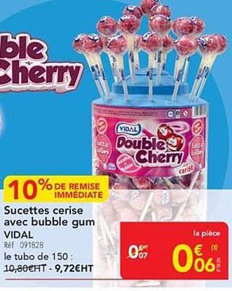 Sucettes cerise avec bubble gum VIDAL le tube de 150
