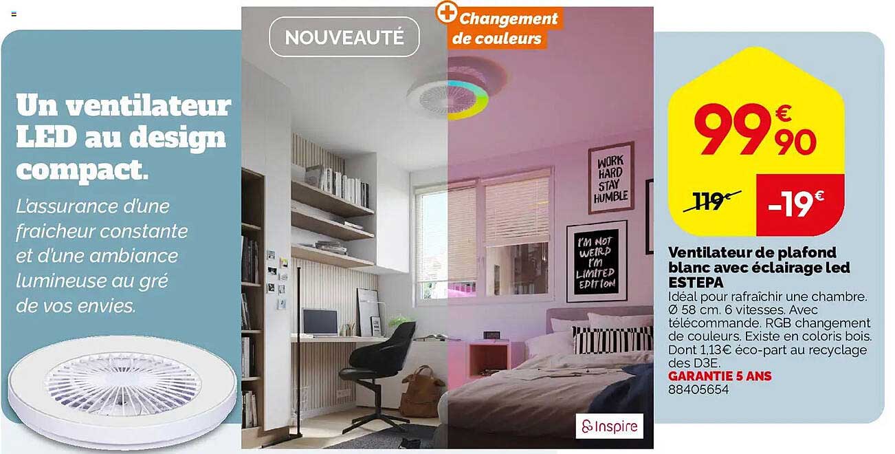 Ventilateur de plafond blanc avec éclairage led ESTEPA