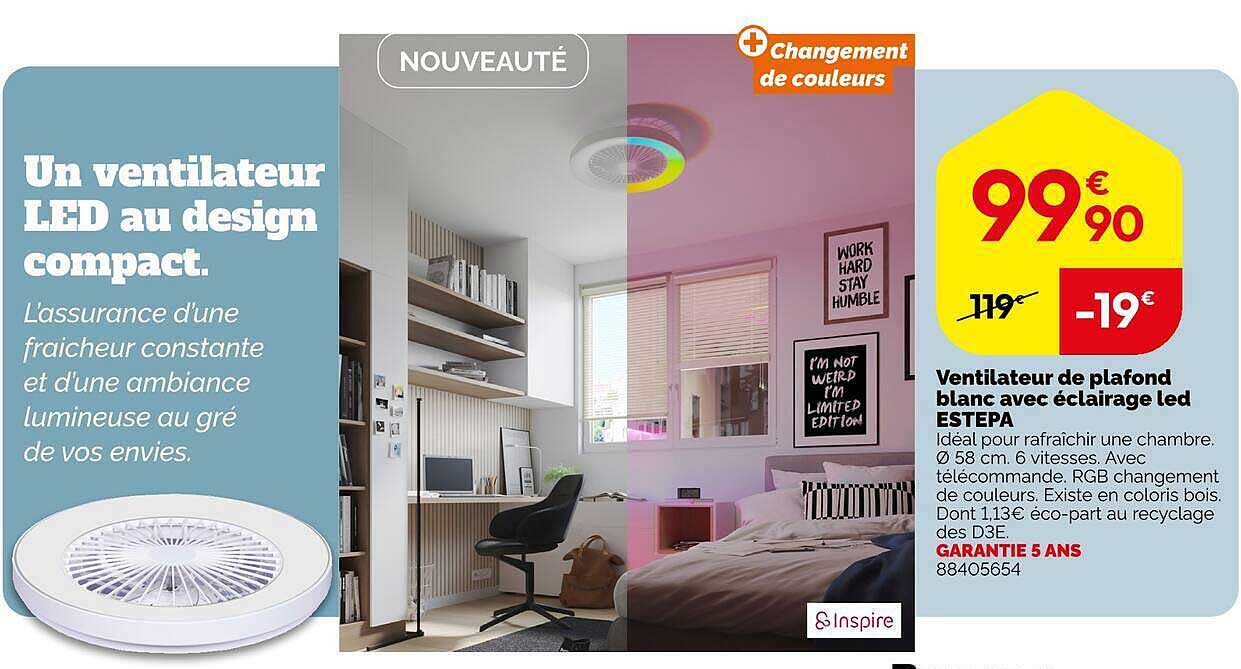 Ventilateur de plafond blanc avec éclairage led ESTEPA