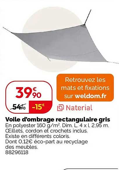 Voile d’ombrage rectangulaire gris