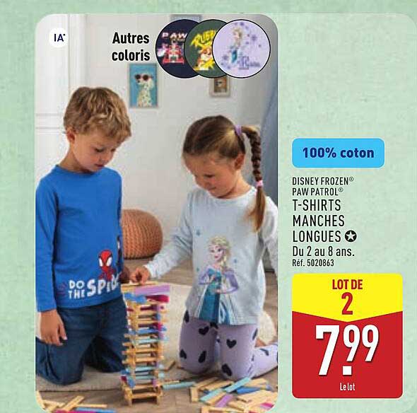 100% coton DISNEY FROZEN® PAW PATROL® T-SHIRTS MANCHES LONGUES Do 2 au 8 ans. Réf. 5020863