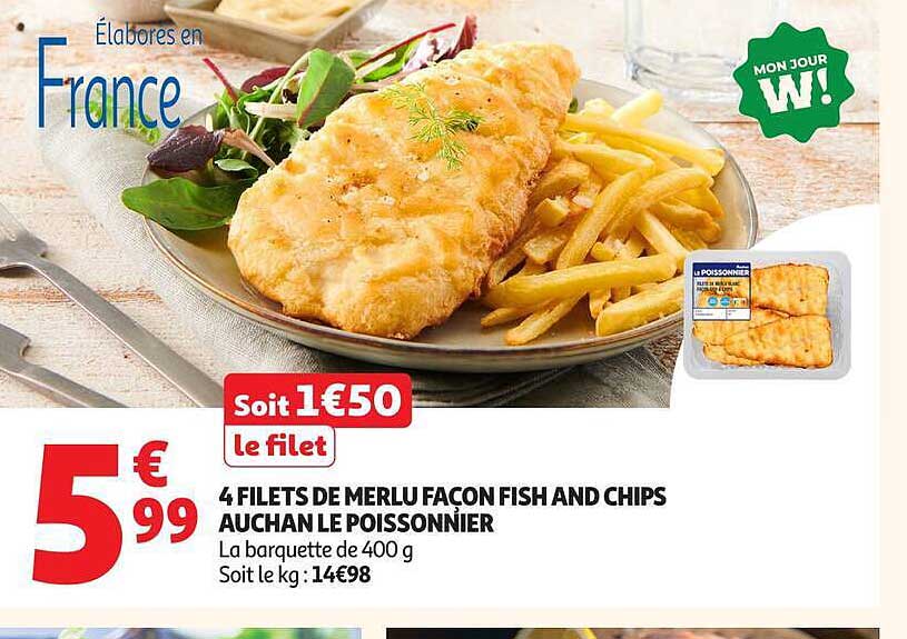 4 FILETS DE MERLU FACON FISH AND CHIPS AUCHAN LE POISSONNIER