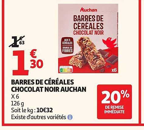 BARRES DE CÉRÉALES CHOCOLAT NOIR AUCHAN