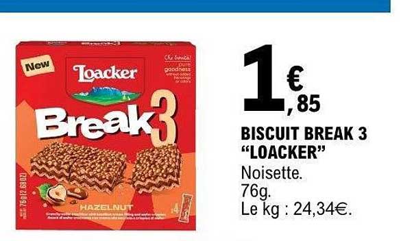 BISCUIT BREAK 3 "LOACKER" Noisette. 76g. Le kg : 24,34€.