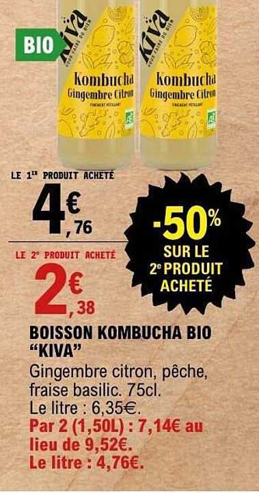 BOISSON KOMBUCHA BIO “KIVA” Gingembre citron, pêche, fraise basilic. 75cl.