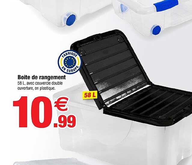 Boite de rangement 58 L, avec couvercle double ouverture, en plastique.