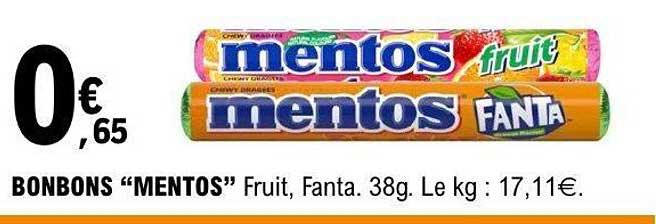 BONBONS “MENTOS” Fruit, Fanta. 38g. Le kg : 17,11€.