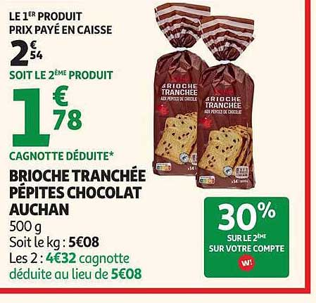 BRIOCHE TRANCHÉE PÉPITES CHOCOLAT AUCHAN