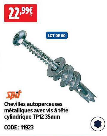 Chevilles autoforeuses métalliques avec vis à tête cylindrique TP12 35mm
