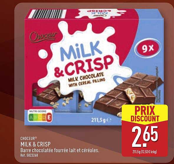 CHOCEUR® MILK & CRISP Barre chocolatée fourrée lait et céréales.