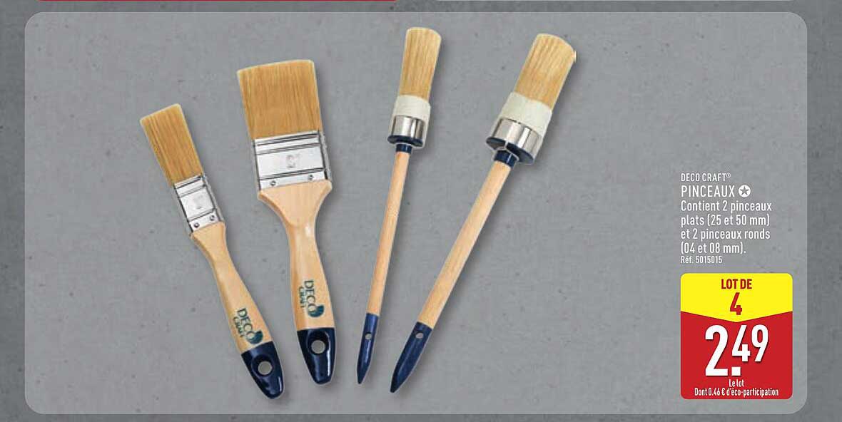 DECO CRAFT® PINCEAUX Contient 2 pinceaux plats (25 et 50 mm) et 2 pinceaux ronds (Ø 4 et 08 mm). Réf. 5015015