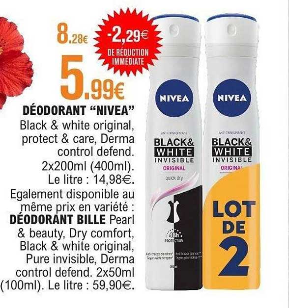 DÉODORANT “NIVEA” Black & white original, protect & care, Derma control defend. 2x200ml (400ml). Le litre : 14,98€.