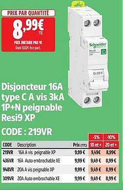 Disjoncteur 16A type C A vis 3kA 1P+N piegniable Resi9 XP
