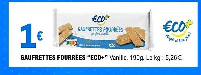 GAUFRETTES FOURRÉES “ECO+” Vanille. 190g. Le kg : 5,26€.