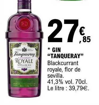 * GIN "TANQUERAY" Blackcurrant royale, flor de sevilla. 41,3% vol. 70cl. Le litre : 39,79€.