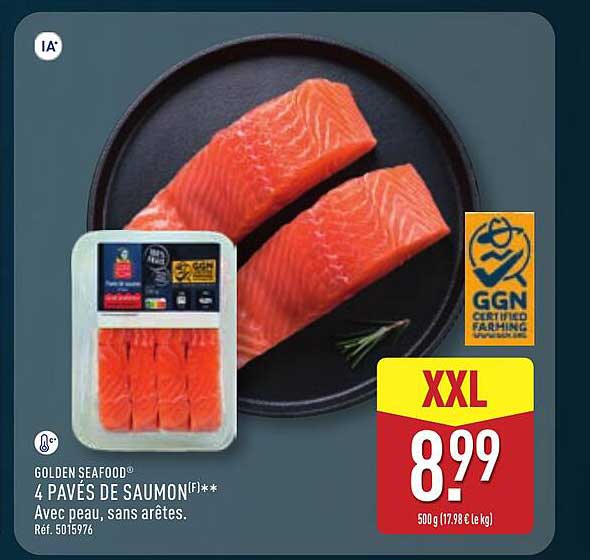 GOLDEN SEAFOOD® 4 PAVÉS DE SAUMON[F]** Avec peau, sans arêtes. Réf. 5015976