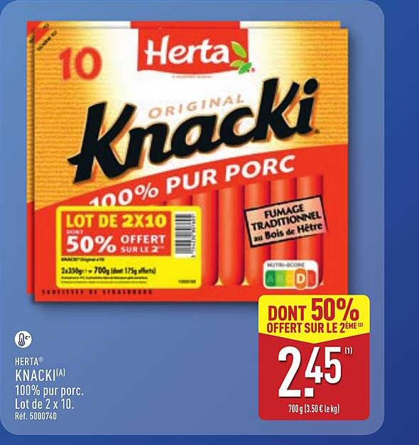 HERTA KNACKI 100% pur porc. Lot de 2 x 10. Réf. 5000740