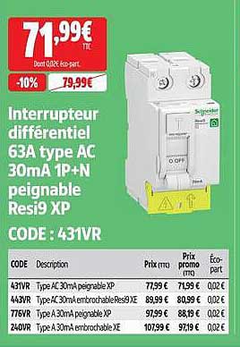 Interrupteur différentiel 63A type AC 30mA 1P+N peignable Resi9 XP