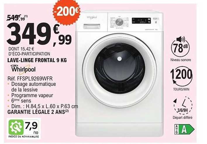LAVE-LINGE FRONTAL 9 KG Whirlpool