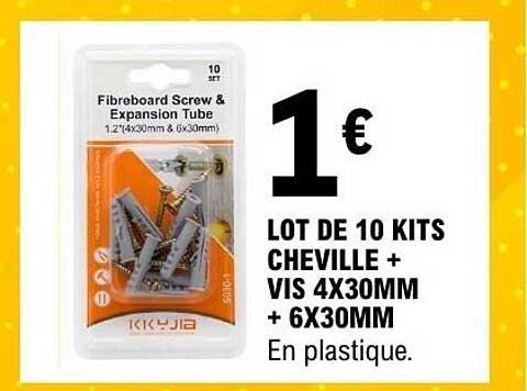 LOT DE 10 KITS CHEVILLE + VIS 4X30MM + 6X30MM
