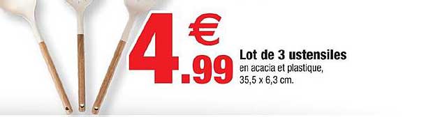Lot de 3 ustensiles en acacia et plastique, 35,5 x 6,3 cm.