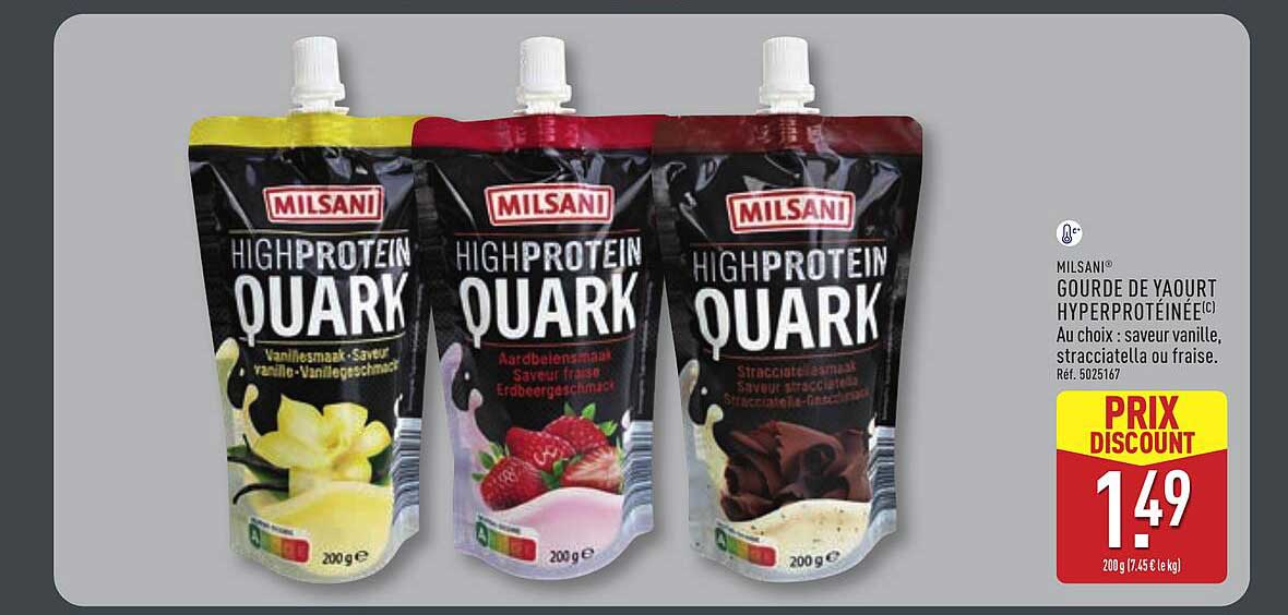 MILSANI® GOURDE DE YAOURT HYPERPROTÉINÉE(C) Au choix : saveur vanille, stracciatella ou fraise.