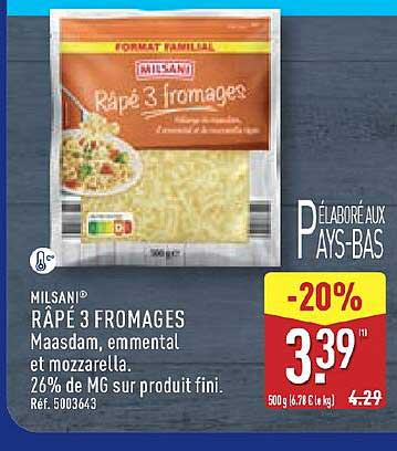 MILSANI® RÂPÉ 3 FROMAGES Maasdam, emmental et mozzarella. 26% de MG sur produit fini. Réf. 5003643