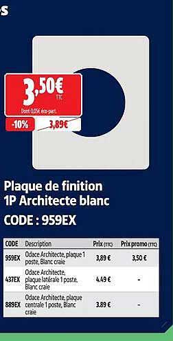 Plaque de finition 1P Architecte blanc CODE : 959EX