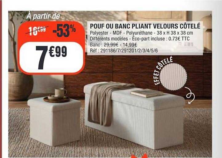 POUF OU BANC PLIANT VELOURS CÔTELÉ