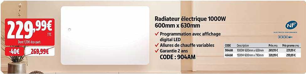 Radiateur électrique 1000W 600mm x 630mm