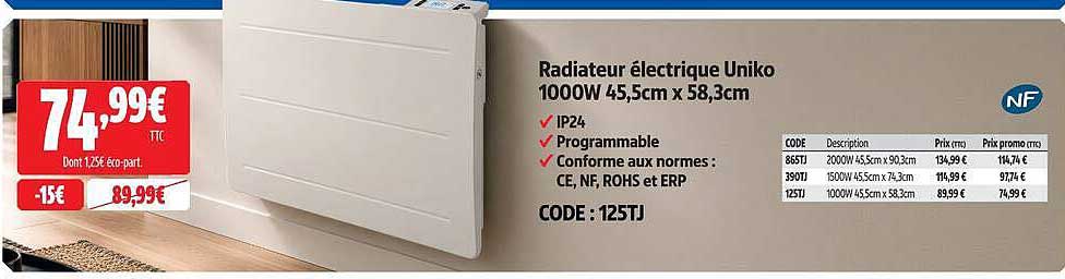 Radiateur électrique Uniko 1000W 45,5cm x 58,3cm